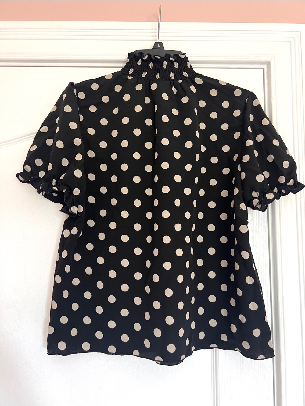 Black Polka Dot Short Puff Sleeve Blouse with Ruffle Neck